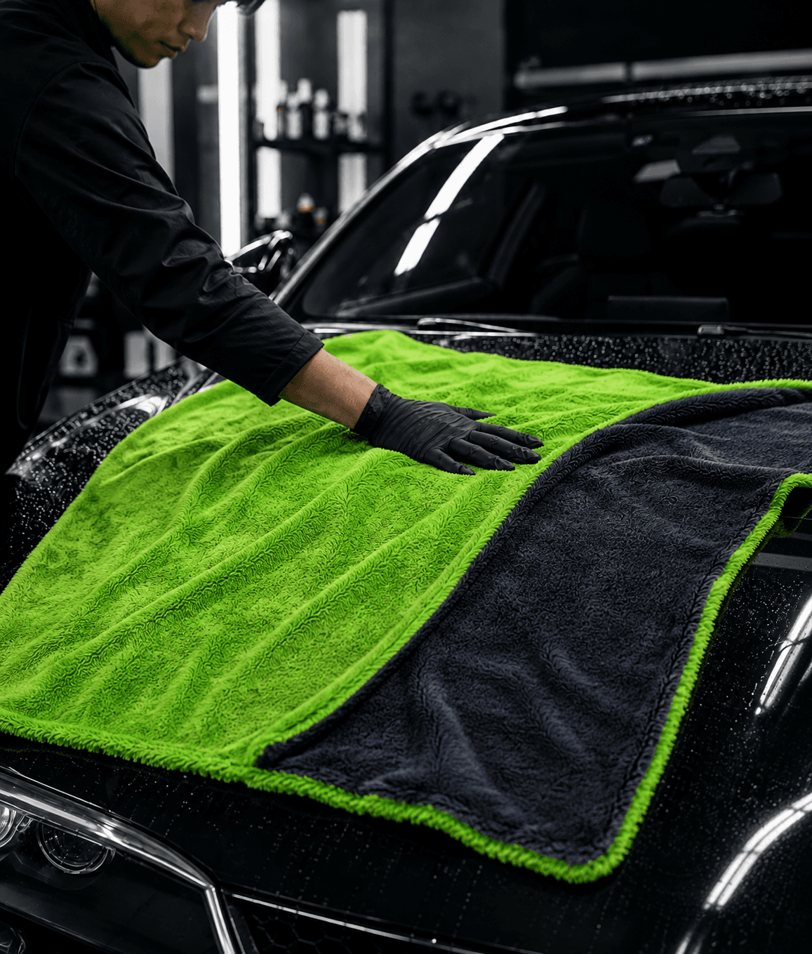 黒い車のボンネット上で緑色と濃色の大判タオルを使って拭き上げる作業シーン